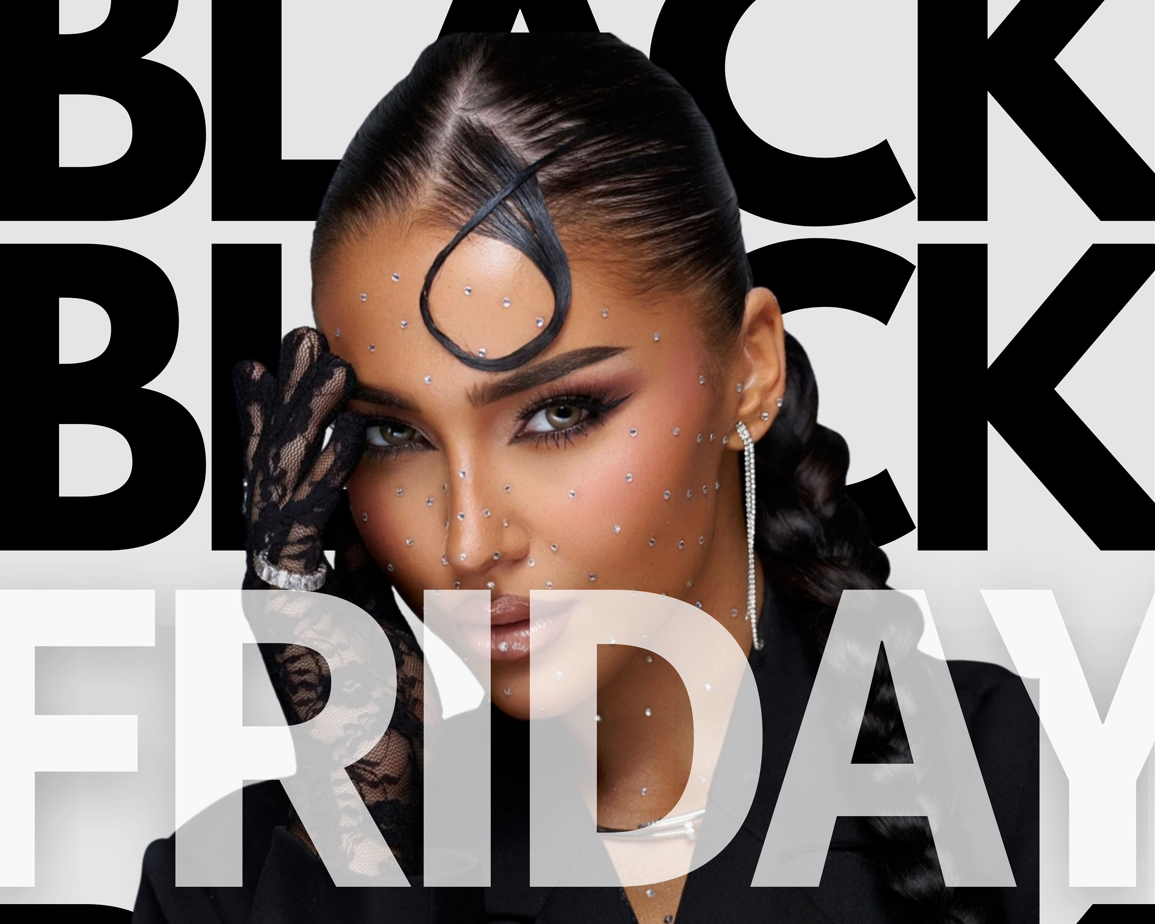 Person with styled hair against a Black Friday promotional background